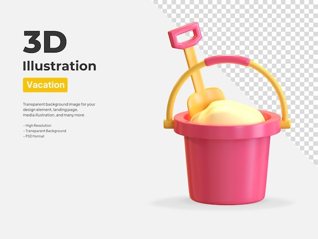 Bucket with spade full of beach sand icon 3d illustration