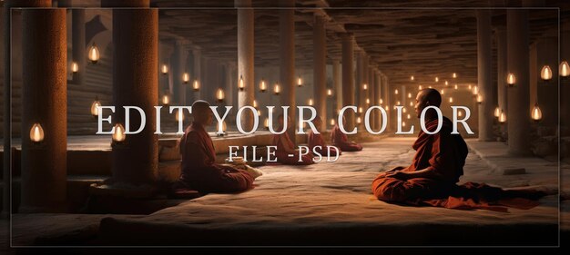 PSD buddhist monks meditating in a temple