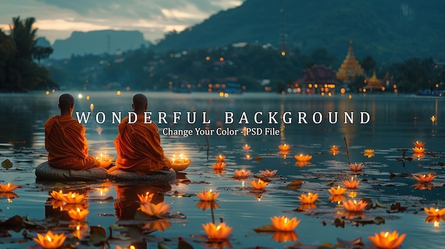 PSD buddhist monks meditating during a water lantern festival