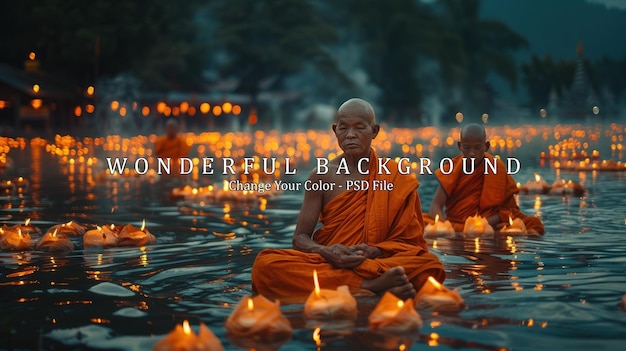 PSD buddhist monks meditating on water with floating candles