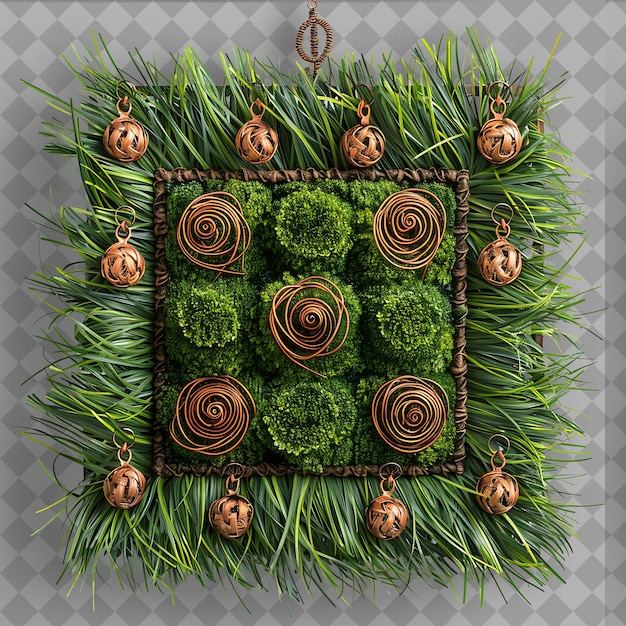 PSD buffalo grass with copper wind chimes and ornaments characte isolated green texture on clean bg