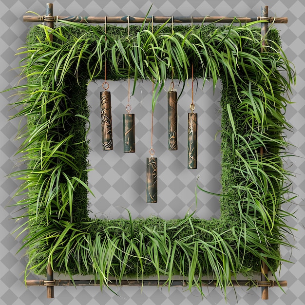 PSD buffalo grass with copper wind chimes and ornaments characte isolated green texture on clean bg