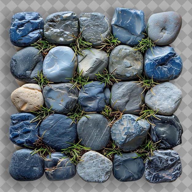 PSD buffalo prestige with multicolored stone pebbles and blue mi isolated green grass texture designs