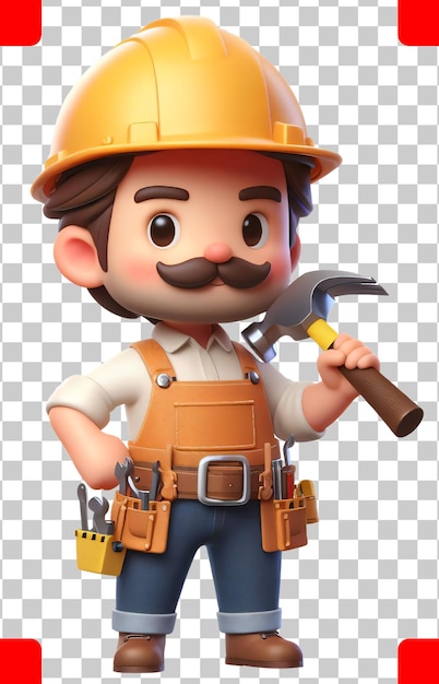 PSD builder cartoon character isolated on transparent background