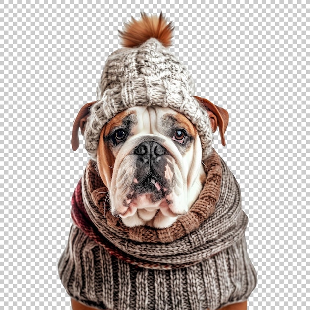 PSD bulldog dog with winter hat and scarf isolated on transparent background