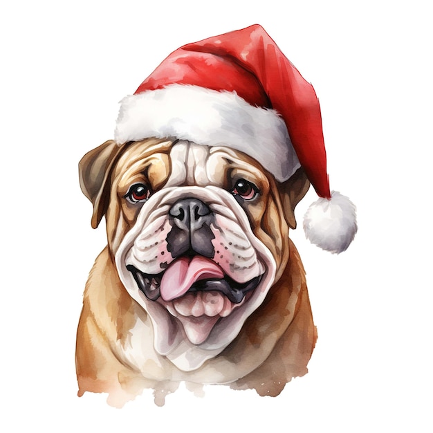 Bulldog with a santa hat on its head