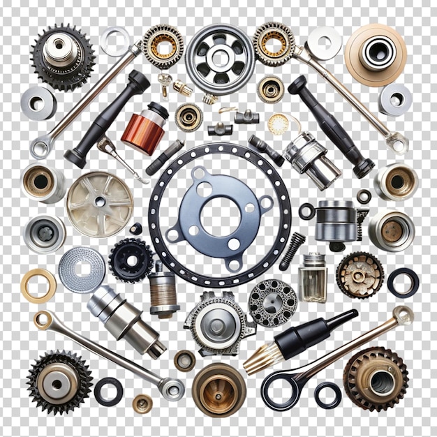 A bunch of automotive parts and tools on transparent background