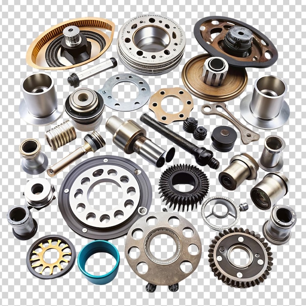 A bunch of automotive parts and tools on transparent background