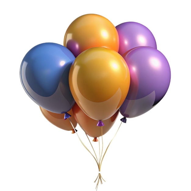 a bunch of balloons with a purple one with a blue ribbon around the top