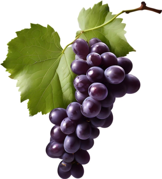 A bunch of dark purple grapes with a green leaf attached