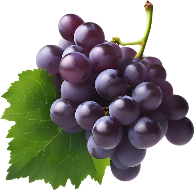 A bunch of dark purple grapes with a green leaf attached