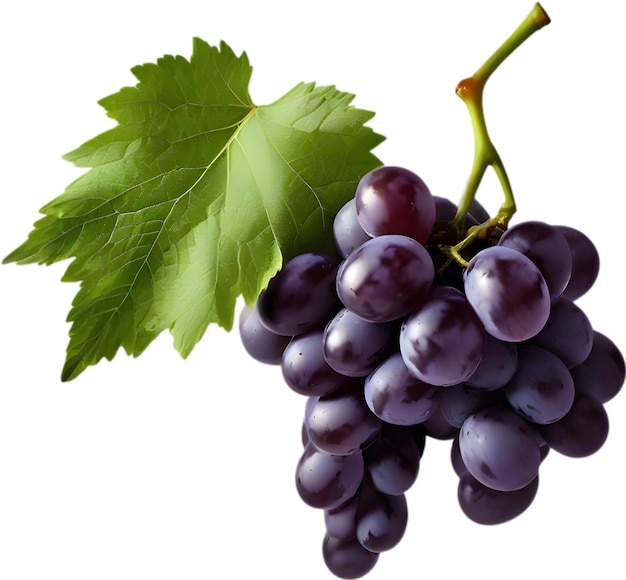 A bunch of dark purple grapes with a green leaf attached