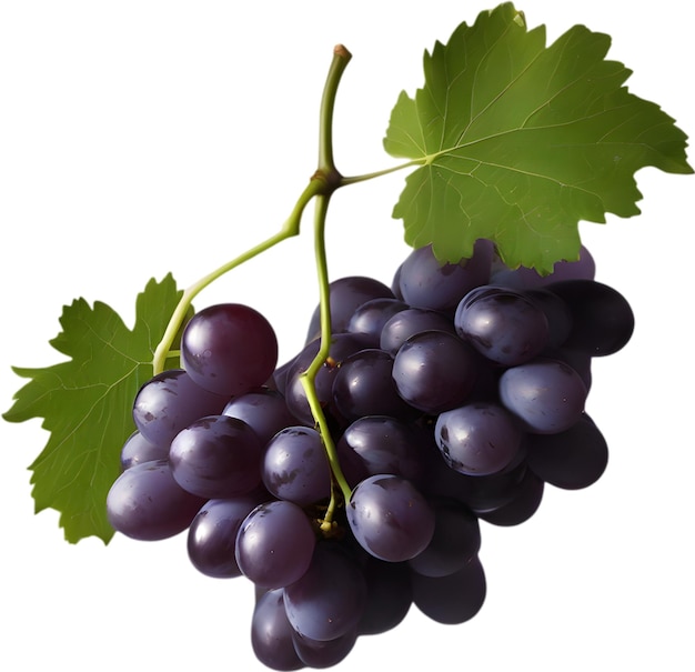 A bunch of dark purple grapes with a green leaf attached