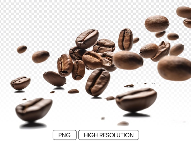 A bunch of flying Arabica coffee beans and their shadows on a transparent background