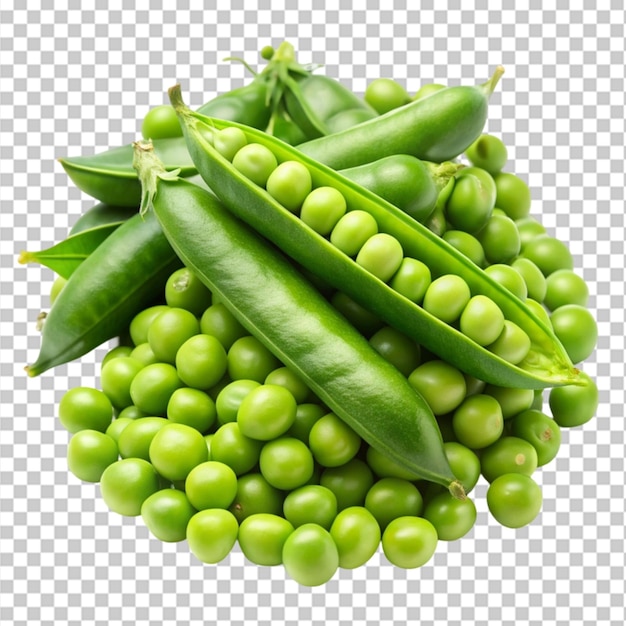 PSD bunch of green pea pods with individual peas isolated on white background