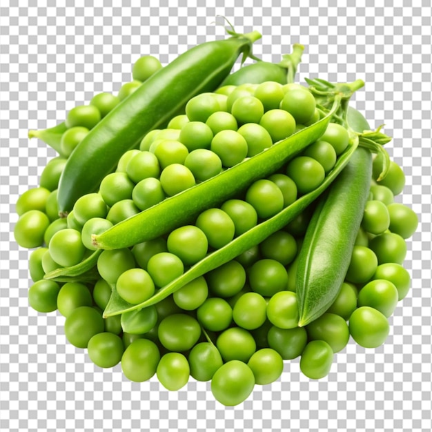 PSD bunch of green pea pods with individual peas isolated on white background