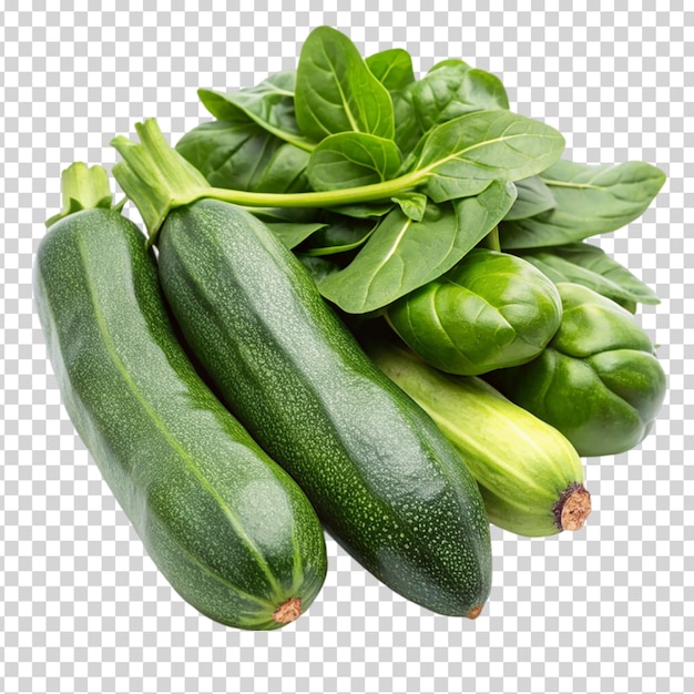 A bunch of green vegetables including zucchini spinach on transparent background