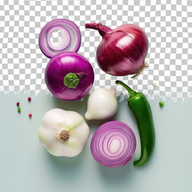 PSD a bunch of onions with a white background with a green pepper