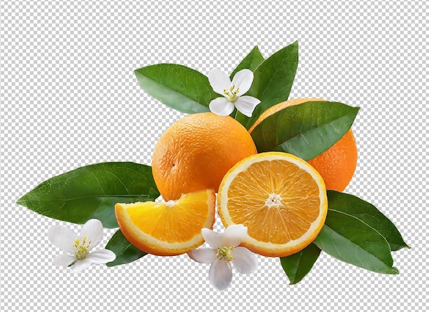 a bunch of oranges and flowers with leaves and flowers