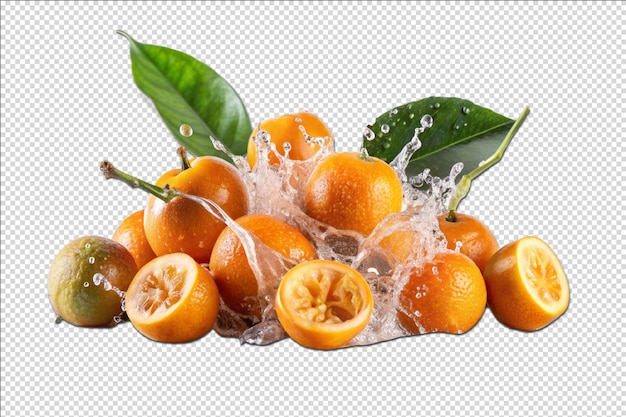 a bunch of oranges with green leaves and a water droplet