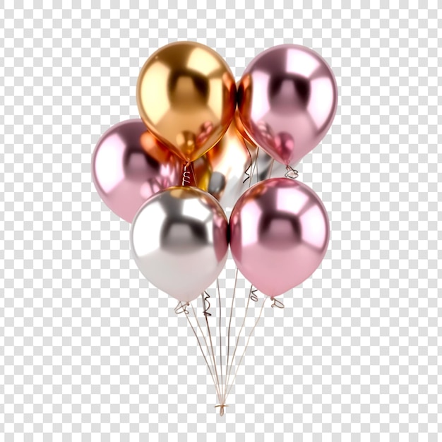 A bunch of pink silver and golden balloons on a transparent background