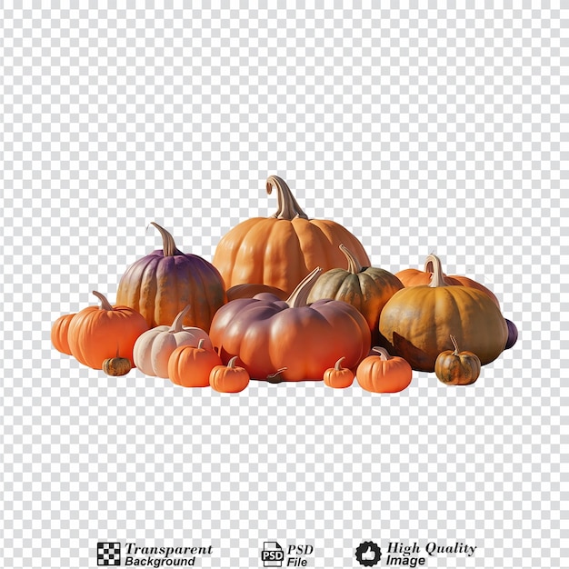 A bunch of pumpkins of different colors and sizes are piled on top of each other isolated