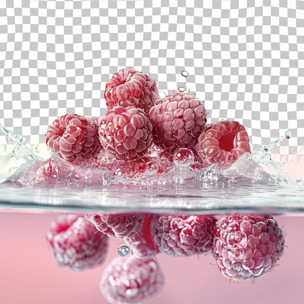 PSD a bunch of raspberries in a clear container with a pink background