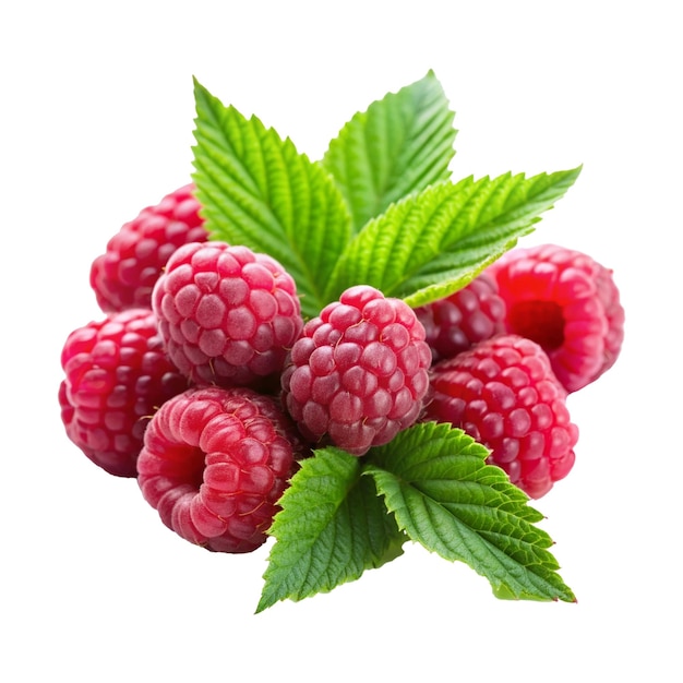 PSD a bunch of raspberries with green leaves on them