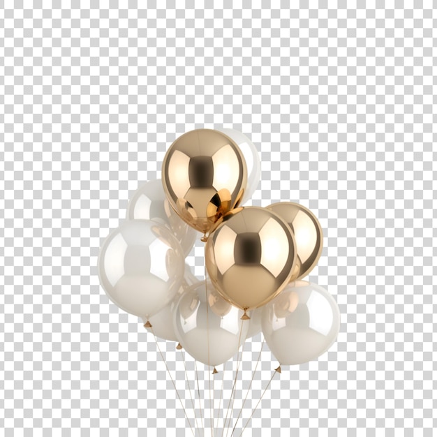 A bunch of white and golden balloons on a transparent background