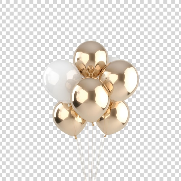 A bunch of white and golden balloons on a transparent background