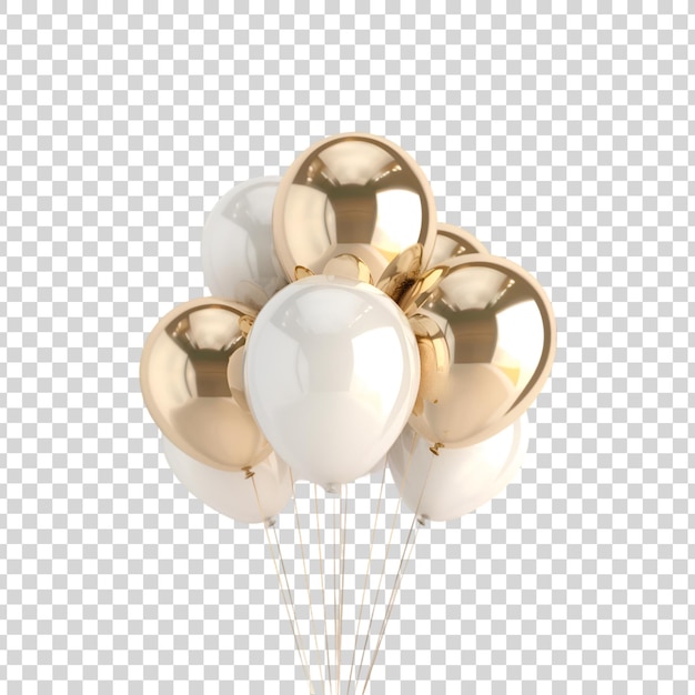 A bunch of white and golden balloons on a transparent background