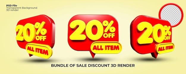 Bundle of 3D render bubble notification discount sale sell promo number 20 percentage voucher Red