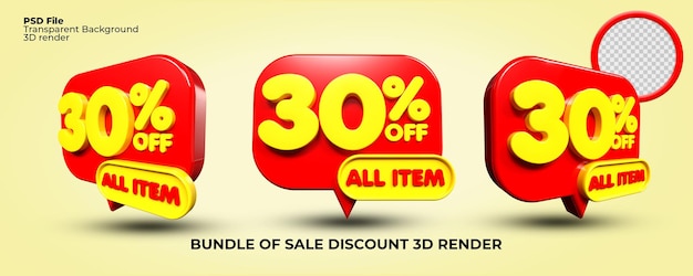 Bundle of 3D render bubble notification discount sale sell promo number 30 percentage voucher Red