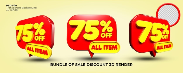 Bundle of 3D render bubble notification discount sale sell promo number 75 percentage voucher Red