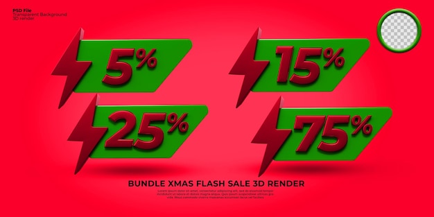 bundle of 3D render flash sale discount 5, 15, 25, 75, element transparent Xmas Theme