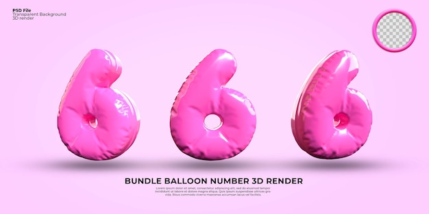 Bundle of 3D Render number 6 balloon color pink color, transparent