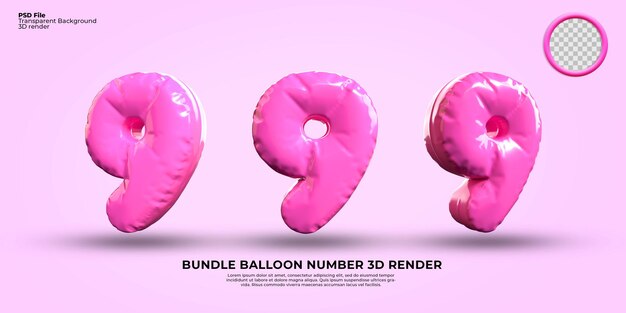 Bundle of 3D Render number 9 balloon color pink color, transparent