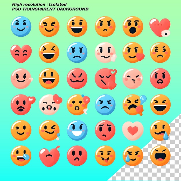 Bundle of emojis emoticons faces set icons isolated transparent background