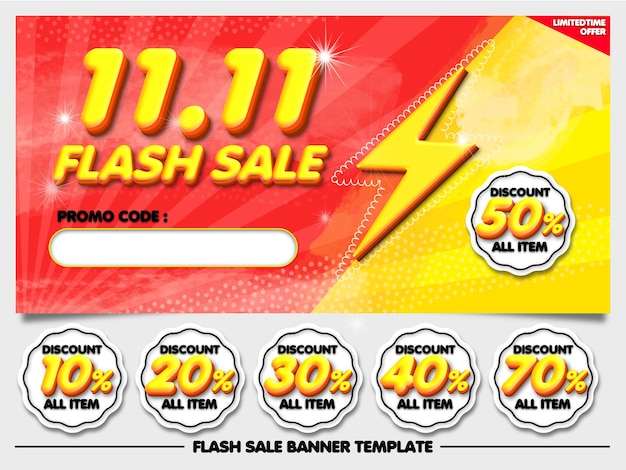 Bundle flash sale 11.11 banner diiscount red yellow with element sticker 10, 20, 30, 40, 50, 70