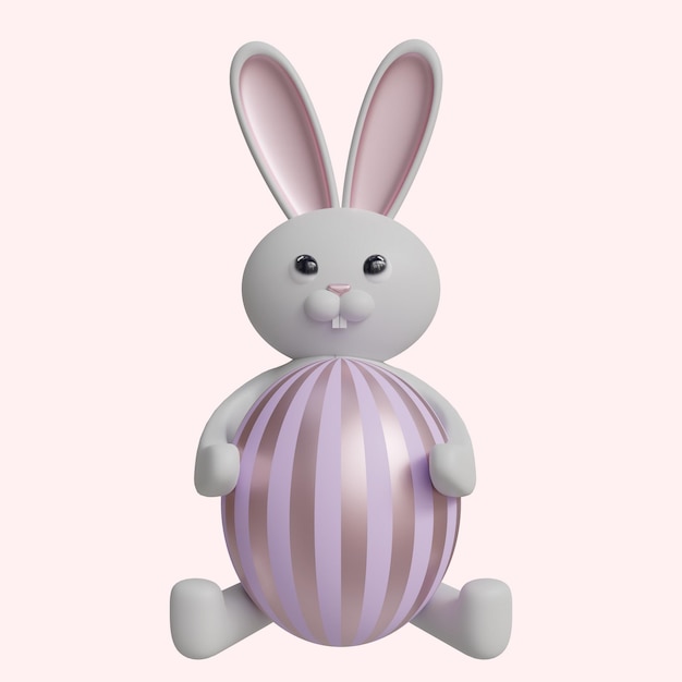 A bunny with a purple egg is sitting on a pink background