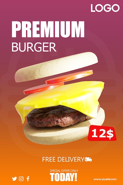 A burger advertisement for a burger with a picture of a burger and a text that says premium burger.