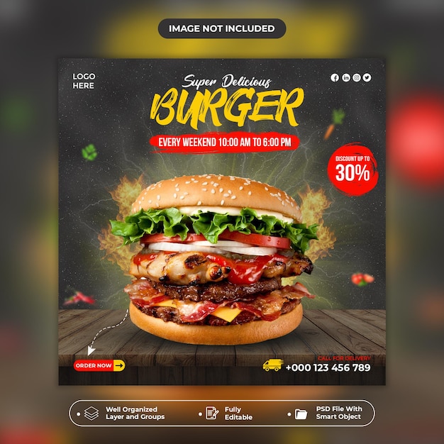 Burger food menu and restaurant food social media banner template