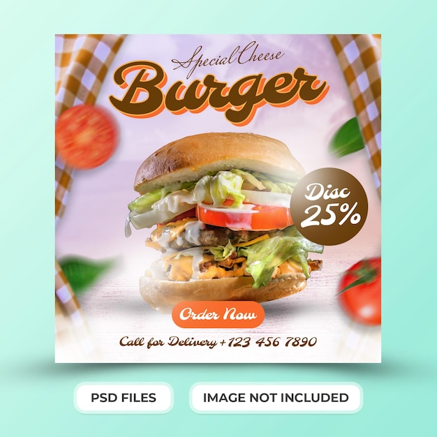 Burger food menu and restaurant promotion with social media post template premium psd