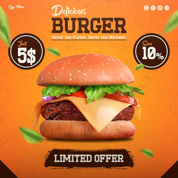 Burger food social media promotion and instagram banner post template design