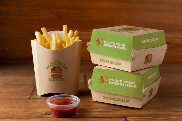 PSD burger packaging  and fries arrangement