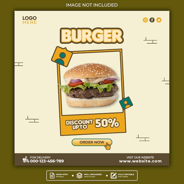 Burger promo instagram post or square web banner social media template