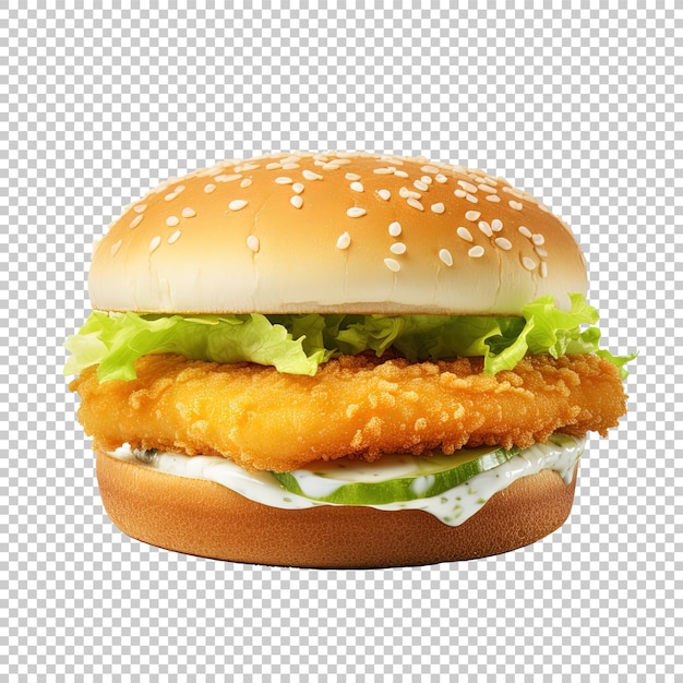 Burger with fish fillet on a transparent background