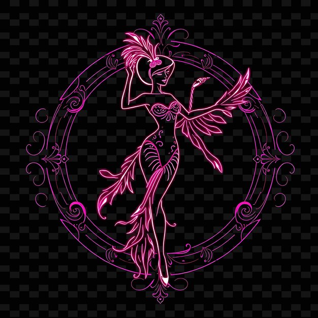 Burlesque Dancer With Feathers Neon Art Nouveau Design With Elegant Pink and Black Color Theme De