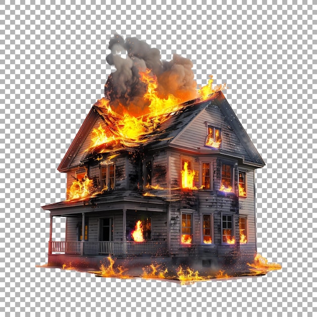 PSD burning house in fire on transparent background ai generated