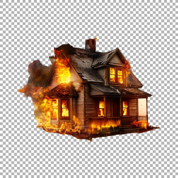 PSD burning house in fire on transparent background ai generated